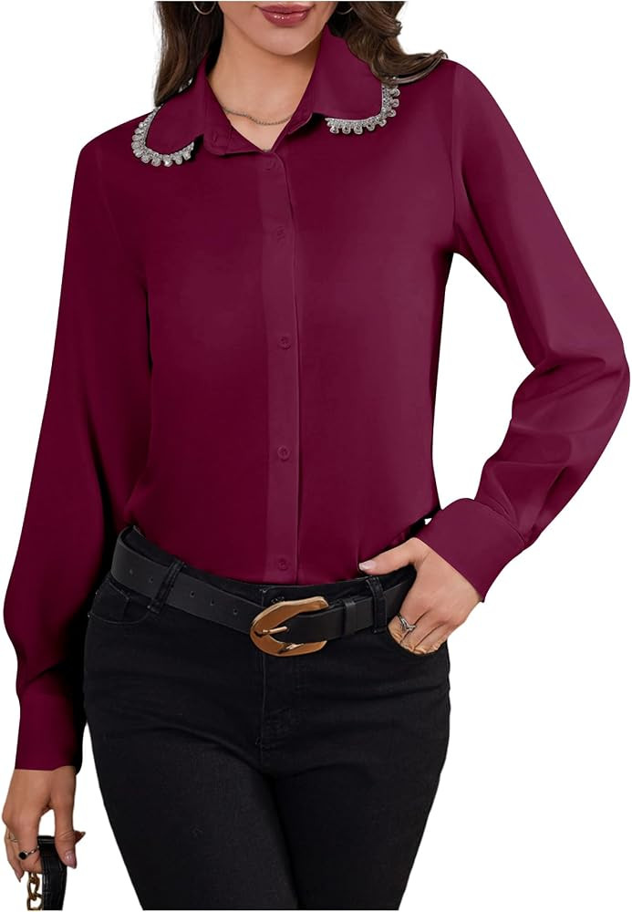 SweatyRocks Women's Long Sleeve Button Down Blouses Rhinestone Decor Work Tops | Amazon (US)