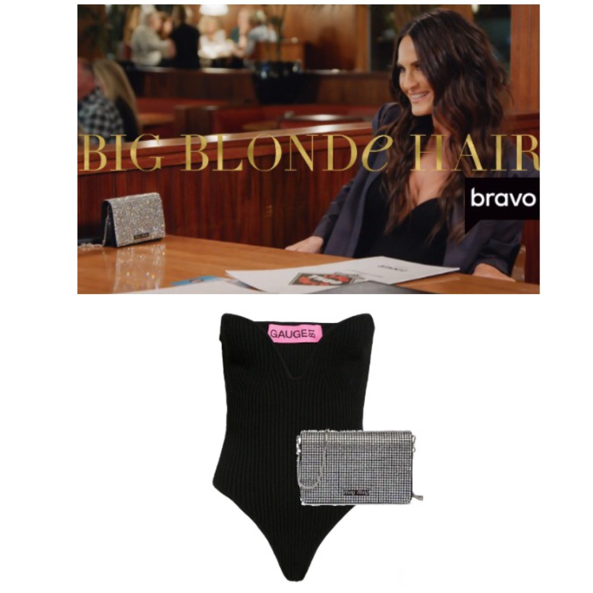 Get details on Lisa Barlow’s Black Plunging Corset and Embellished Purse 