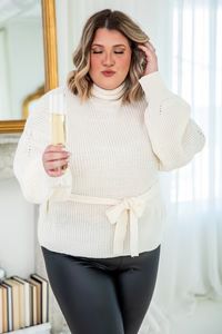 Away For A While Cream Belted Turtleneck Sweater | Pink Lily