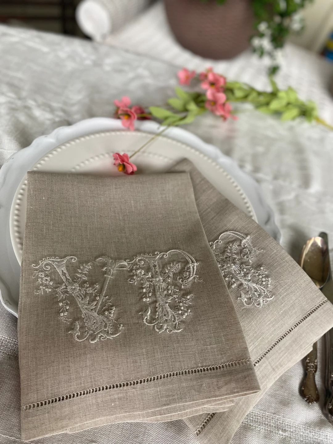 French Style Embroidered Monogrammed Linen Napkins, warm house gifts, Wedding Gifts | Etsy (US)