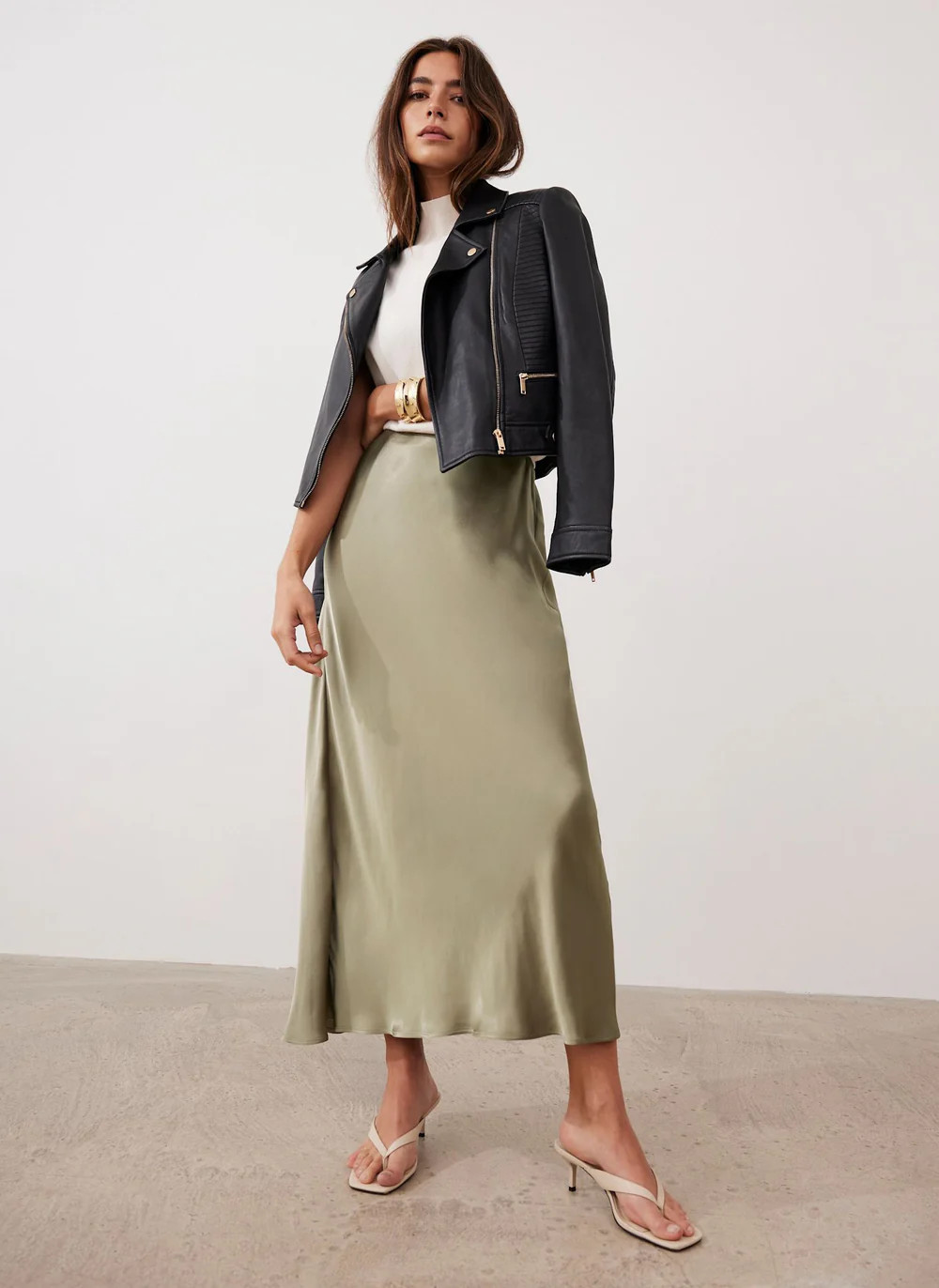 Khaki Satin Slip Midi Skirt | Mint Velvet