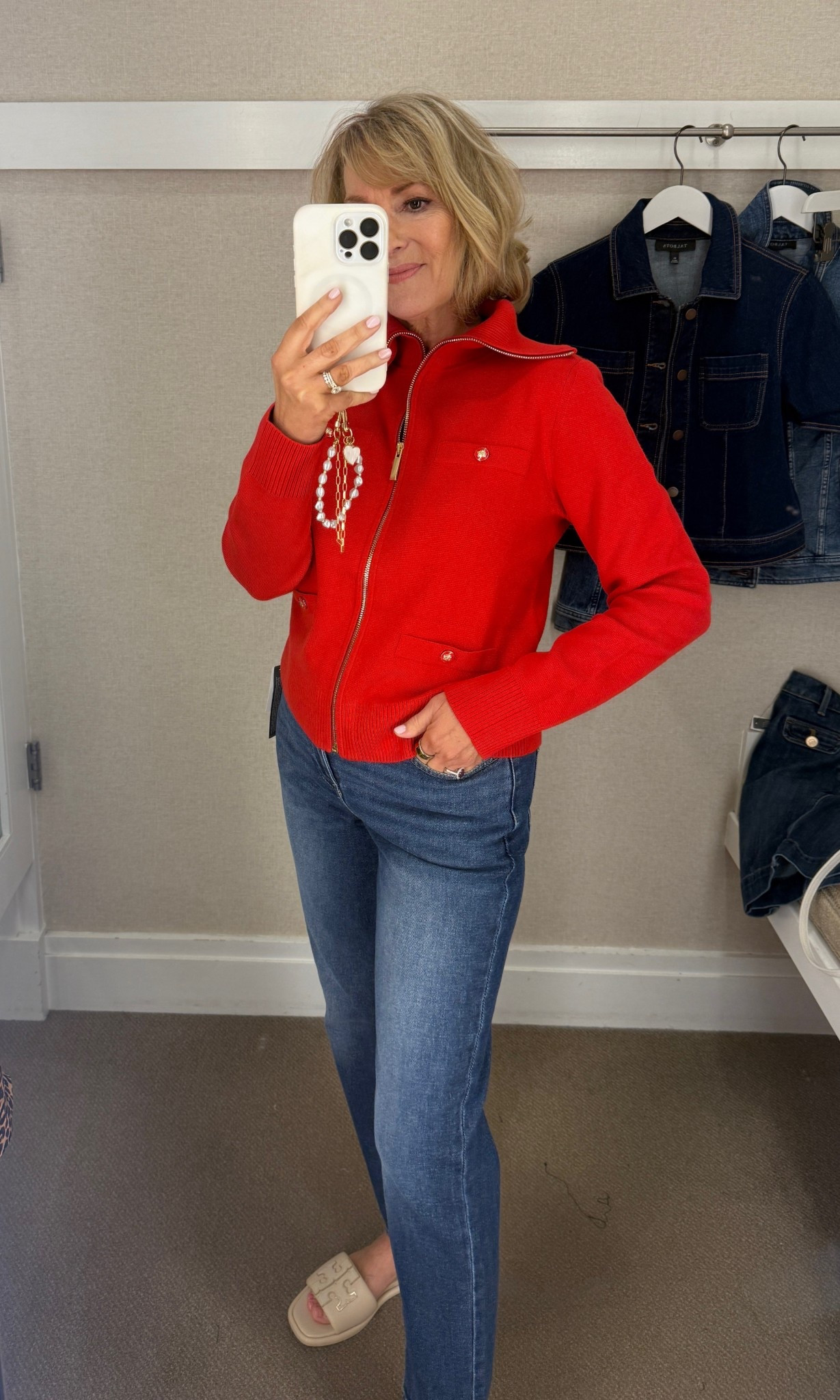 25% off red zip cardigan with gold
accents.❤️