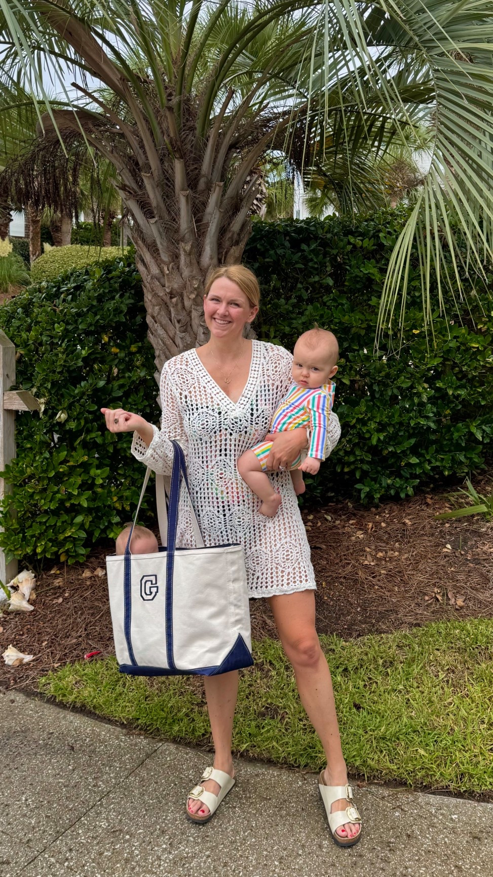 Beach ready with my babies - crochet cover up and Birkenstock sandals

Monogrammed Tote - love this for family trips /travel

#LTKSeasonal #LTKSwim #LTKFindsUnder100