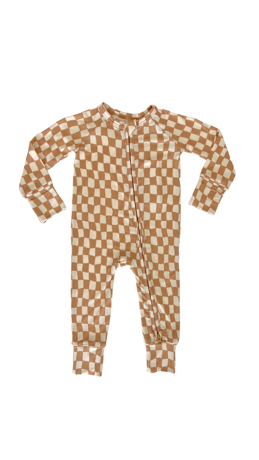 Taupe Wavy Checkered Zipper Romper | In My Jammers