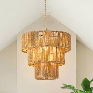 GoYeel 1-Light Yellow Bohemian Drum Hanging Pendant Light with 3-Tier Woven Shade PL7101YL - The ... | The Home Depot