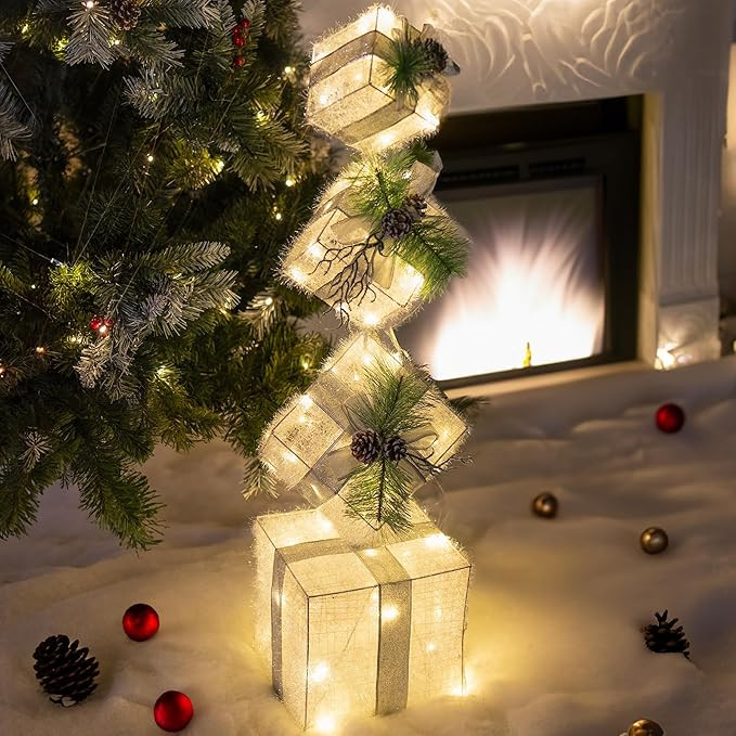 Hourleey Set of 4 Christmas Lighted Gift Boxes, 3FT Pre-lit 70 LED Stackable Light Up Present Box... | Amazon (US)