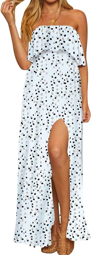 Style Dome Women Dresses Summer Off Shoulder Maxi Dress Ruffle Hem Beach Dress Casual Long Polkad... | Amazon (UK)