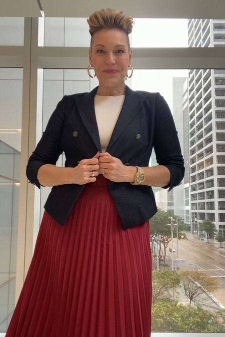 Love this pleated skirt and denim blazer for work. I am in size large in skirt and bodysuit and size 12 in blazer for reference. I am 5’10” and 180 pounds 

#LTKfindsunder50 #LTKworkwear #LTKover40