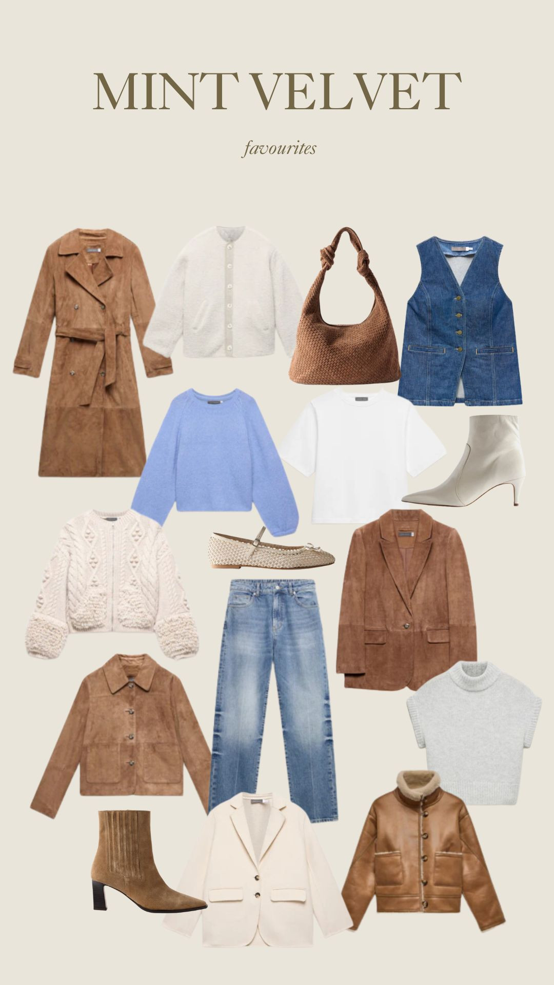 My Mint Velvet favourite products! 
Transitional fashion, suede jacket, neutrals, knitwear, layering, winter fashion, suede boots, blazer, ballet pumps, denim waistcoat, suede trench coat, outfit ideas  

 #LTKuk #LTKwinter #LTKstyletip