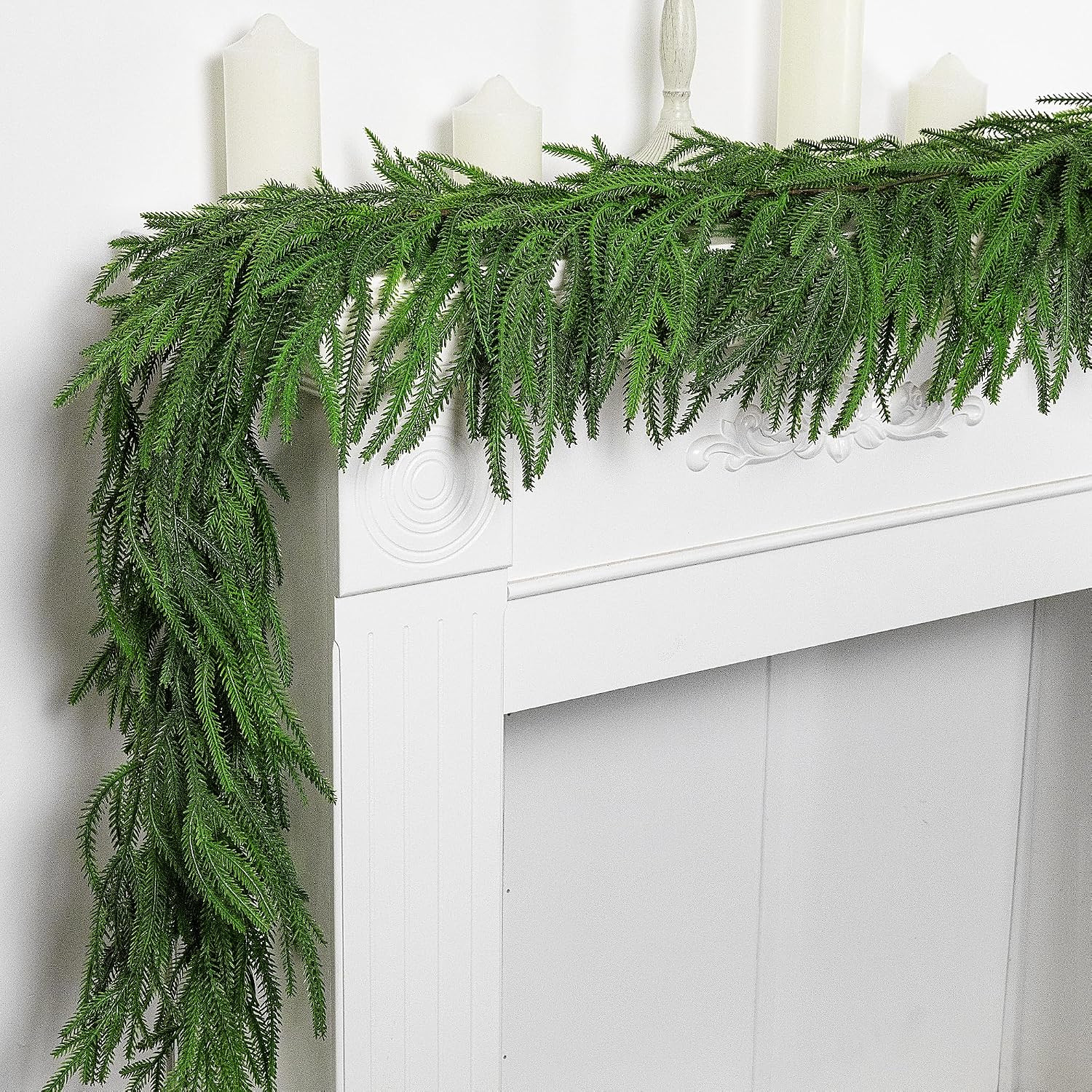 2 Pcs Christmas Norfolk Pine Garland, 6 Ft Dense Norfolk Pine Realistic Touch Garland, Artificial Pines Greenery Garlands for Christmas Holiday Mantle Fireplace Table Home Decor | Amazon (US)