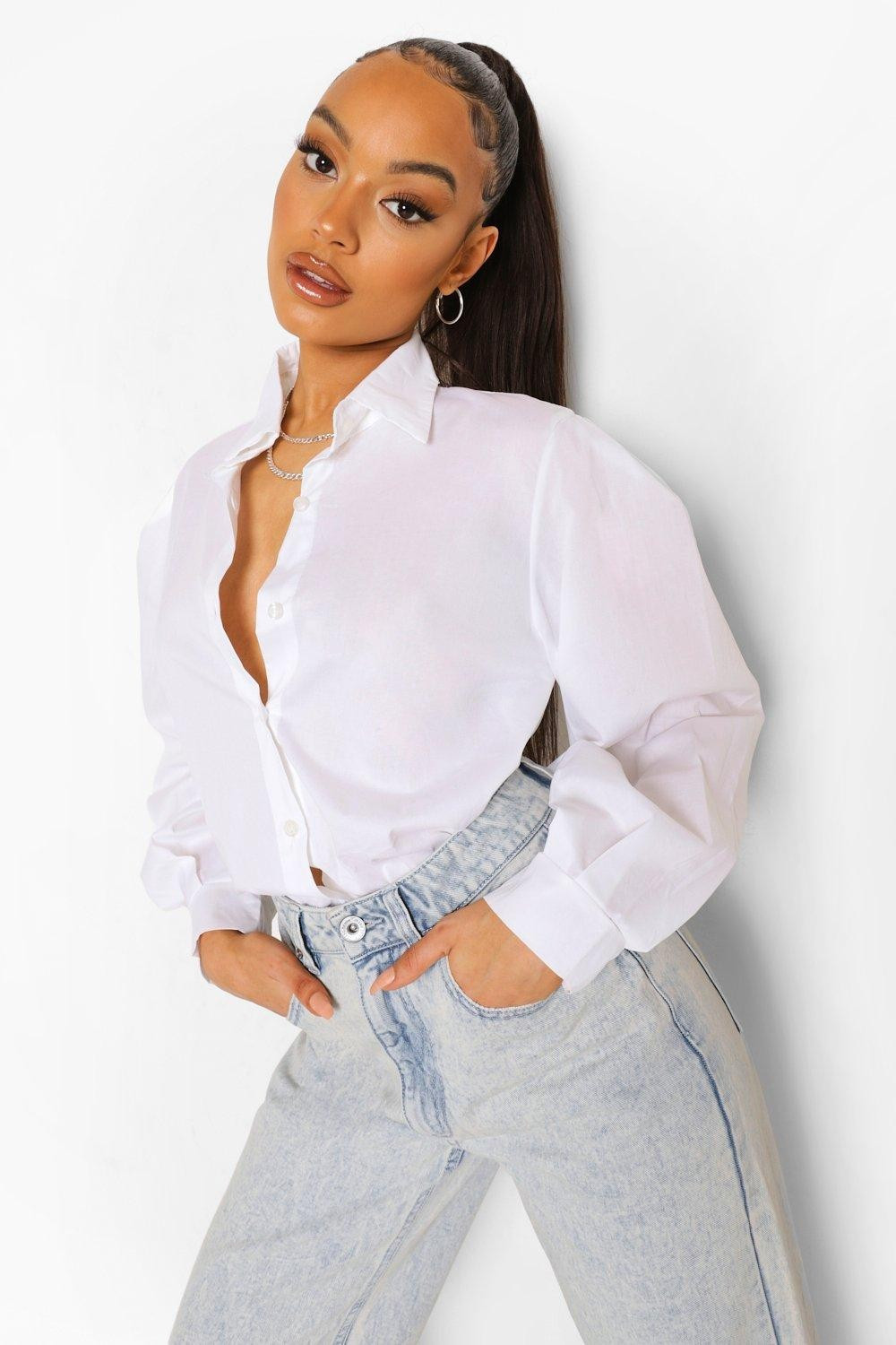 Womens Drop Shoulder Volume Sleeve Shirt - White - S | Boohoo.com (US & CA)