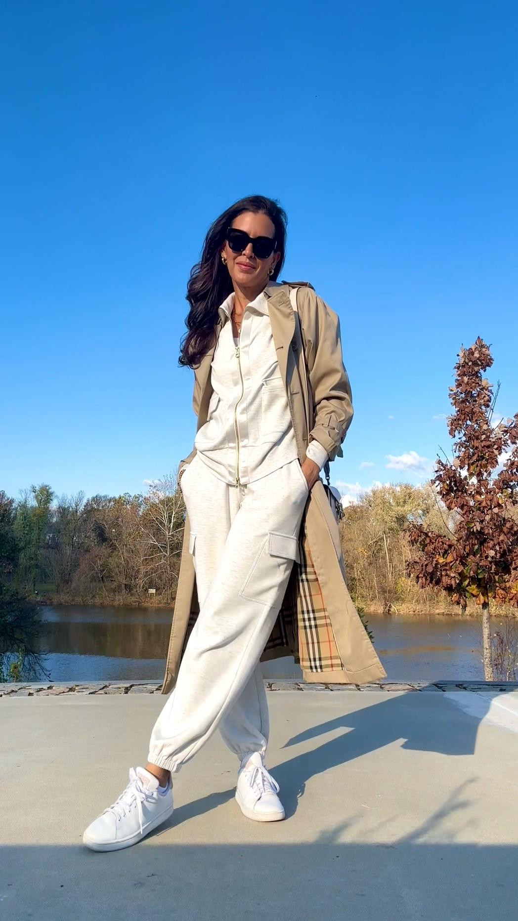 Sizing and details⬇️ 
Wearing a size S in sip up and cargo joggers. 
Trench coat is a vintage Burberry find. Adding similar more affordable options. Shoes are tts.
Lipstick is 320 hush hush.
Travel outfit , loungewear, cozy style, 

#LTKCyberWeek #LTKHoliday

#LTKSeasonal #LTKOver40 #LTKTravel