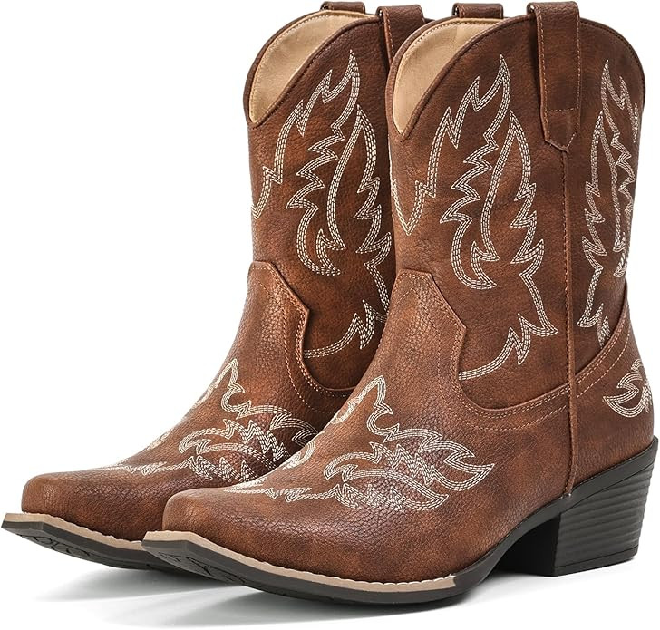 IXU Cowboy Boots for Women Ankle Western Cowgirl Boots Mid Calf Snip Toe Chunky Heel Classic Shor... | Amazon (US)