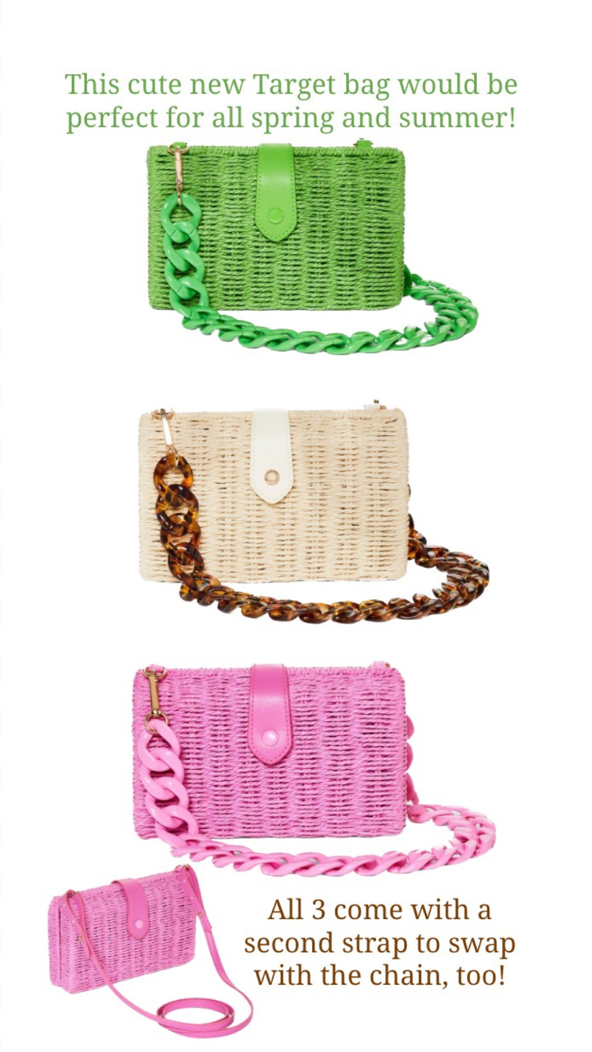 This Target bag is adorable for spring or summer! It’s only $35 and the chain strap can be swapped for a crossbody strap as well. Wicker purse, wicker bag, chain strap bag, chain bag, crossbody bag, spring purse, wedding guest purse, beach purse, beach bag, wedding guest clutch, wedding clutch, green bag, green purse, pink purse, tortoise purse, tortoise chain, pink bag, target find, purse under $50, target new arrivals, target spring arrivals, valentine’s day purse, Valentine’s Day bag, valentine’s day gift, vacation outfits, straw chain shoulder bag, rattan bag, satchel bag, wedding bag, clutch bag 

#LTKunder50 #LTKSeasonal #LTKitbag