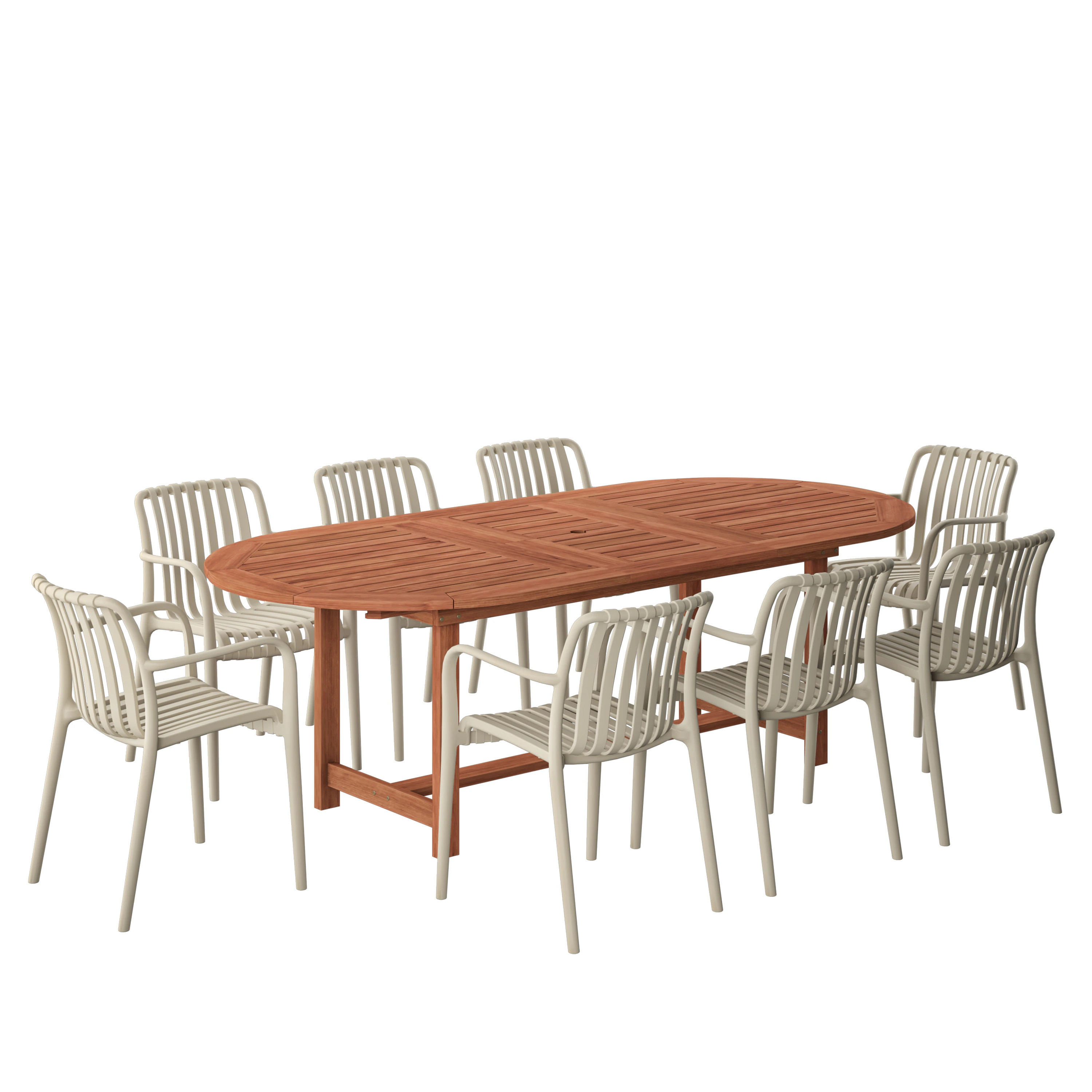 Amazonia 9 -Piece Sand Patio Dining Set Extendable Table Wood Oval Table with 8 Stackable Stationary and Motion Chairs one_size | LWS-359-8-CURA-SD | Lowe's