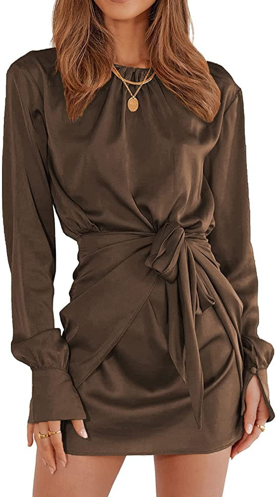 BTFBM Women Casual Long Sleeve Ruched Wrap Dress Crew Neck Tie Waist Short Dresses Solid Party Dr... | Amazon (US)