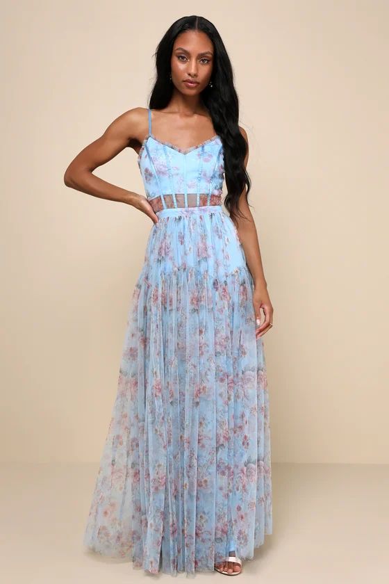 Sultry Luxury Blue Floral Print Mesh Tiered Bustier Maxi Dress | Lulus