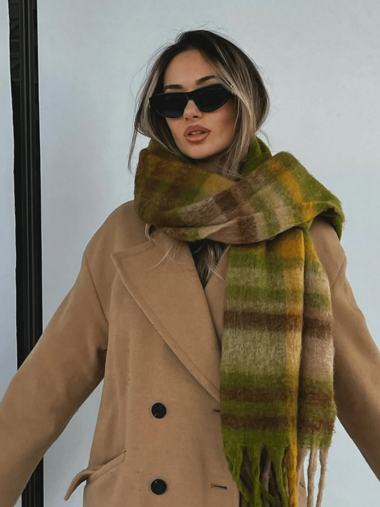 1pc Autumn/Winter Fashion Striped Plaid Fleece Warm Women's Green Boucle Wool Thick Scarf, Warm A... | SHEIN