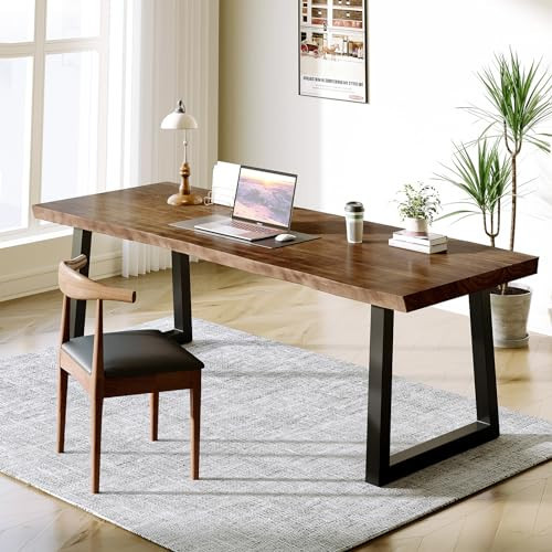SXXjiaju Solid Wood Desk 55 inches, Home Office Computer Desk Wooden Rustic Writing Desk Metal Modern Simple Design Executive Real Wood Desk (Brown) | Amazon (US)