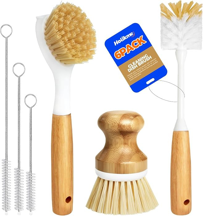 Holikme 6 Pack Dish Brush Scouring Pad Set with Bottle Brush, Dish Brush, Palm Scrub Brush and St... | Amazon (US)