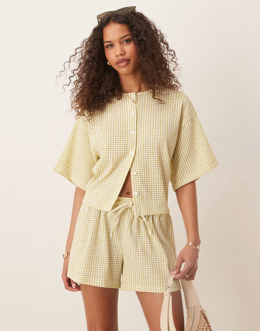 ASOS DESIGN textured check boxy shirt co ord in green | ASOS (Global)