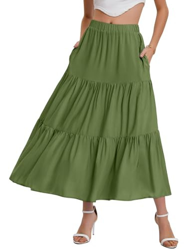 Bloggerlove Long Flowy Skirts for Women Trendy Tiered Maxi A Line Skirt Wedding Beach Skirt with Pockets Army Green M | Amazon (US)