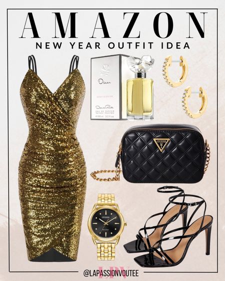 Dress to impress this New Year in a sequin gold mini dress, complemented by a classic gold watch. Keep essentials close in a stylish camera bag, while leather sandals add a touch of sophistication. Enhance the allure with gold earrings and a spritz of captivating perfume – your perfect ensemble for a night to remember!

#LTKSeasonal #LTKstyletip #LTKHoliday