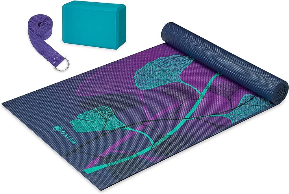 Gaiam Beginner's Yoga Starter Kit Set (Yoga Mat, Yoga Block, Yoga Strap) - Light 4mm Thick Printe... | Amazon (US)