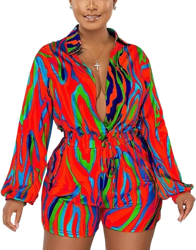Glozeplus Women Sexy One Piece Deep V Neck Printed Shorts Jumpsuit Long Sleeve High Waist Elastic... | Amazon (US)