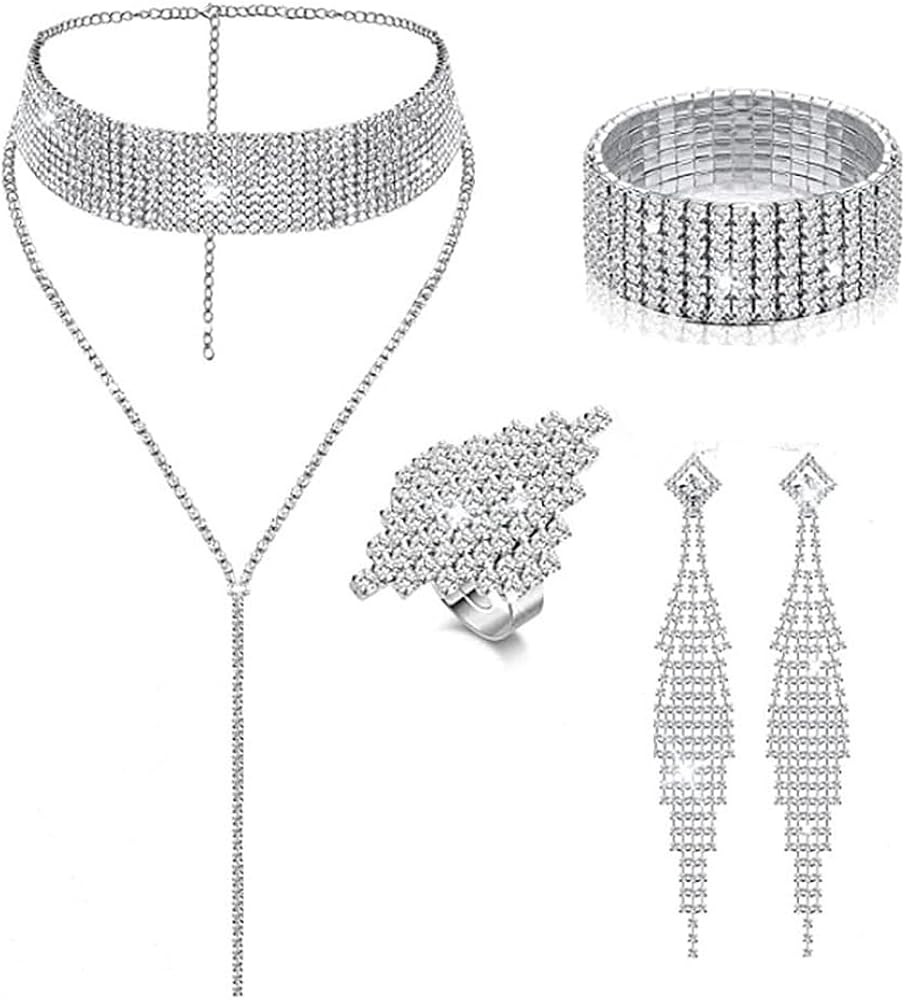 PINKPIN 5PCS Women Jewelry Set Rhinestone Tassel Choker Necklace Fringe Bracelet Crystal Dangling... | Amazon (US)