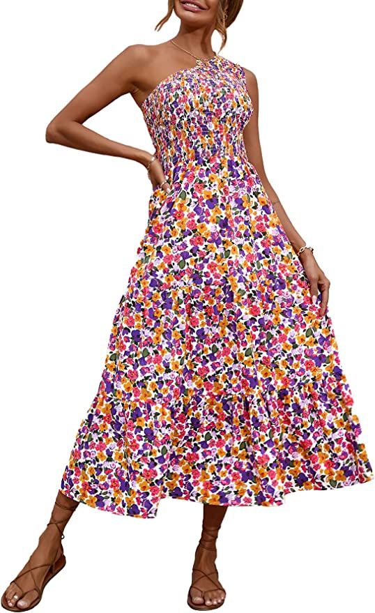 BTFBM Women One Shoulder Sleeveless Casual Summer Dresses Smocked High Waist Floral Print Boho Pl... | Amazon (US)