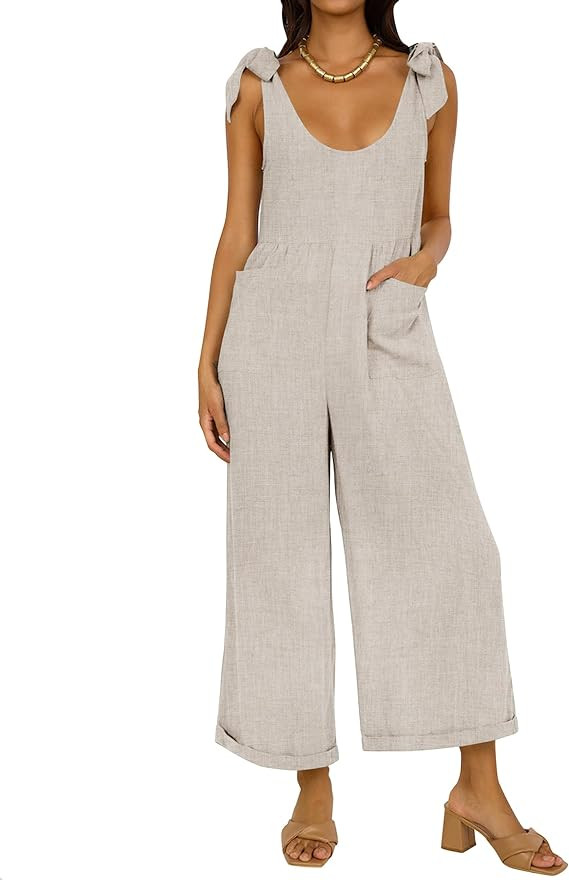 ZESICA Women's Summer Loose Sleeveless Jumpsuits Linen Adjustable Straps Oversized Wide Leg Long ... | Amazon (US)