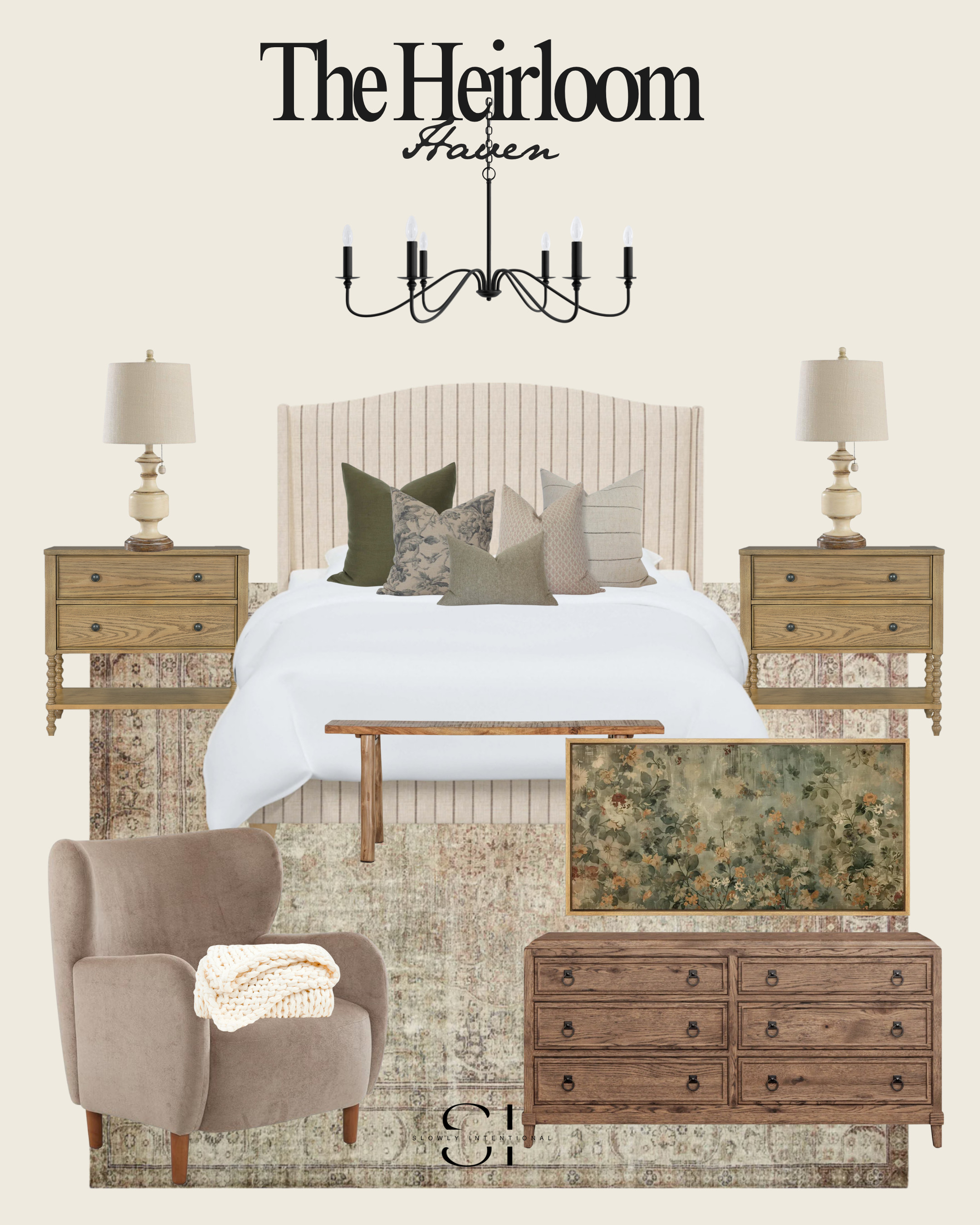 This cozy, collected bedroom blends timeless charm with organic textures. A striped upholstered bed sets the tone, flanked by classic spindle-leg nightstands and vintage-style lamps. The layered pillows bring in warmth and personality, while the muted floral art and weathered rug ground the space in nostalgia. A soft sculptural chair and chunky knit throw create the perfect corner to unwind. Every piece in this room feels like it was chosen with care—because it was.

Shop the full look below and start building your own haven of calm and comfort.

| heirloom bedroom | cozy bedroom ideas | organic modern style | ltk bedroom inspo | warm neutral bedroom | timeless home decor | 

 #LTKHome