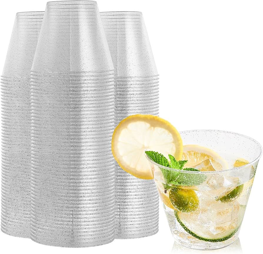 FOCUSLINE 100 Pack Silver Glitter Plastic Cups 9 oz Clear Plastic Cups Tumblers, Fancy Disposable... | Amazon (US)