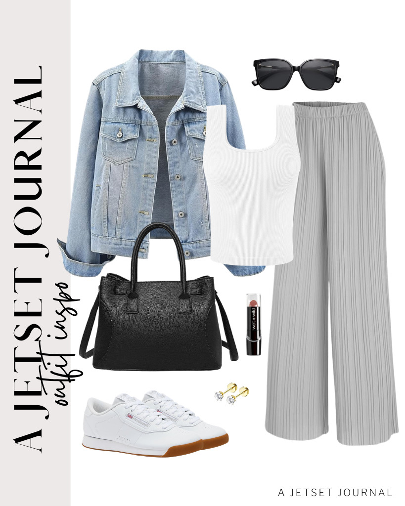 I find the combination of wide-leg palazzo pants, a white sleeveless top, and a denim jacket to be stunning. For a more classic, casual feel, wear Reebok Princess sneakers and carry a black top-handle satchel. 

 #LTKSeasonal #LTKSaleAlert #LTKTravel