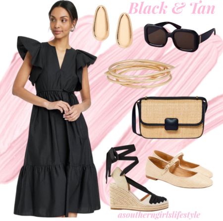 Chic Black & Tan for Spring

Black Flutter Sleeve Tiered Tie Waist Midi Dress, Gold J Shape Hoop Earrings, Black Sunglasses, Set of 5 Gold Bangle Bracelets, Straw & Black Bag & Woven Mary Jane Flats or Lace Up Espadrille Wedge Heels 

Spring Outfit. Target. Loft. Nordstrom. JCrew Factory  

#LTKSeasonal #LTKstyletip #LTKfindsunder50