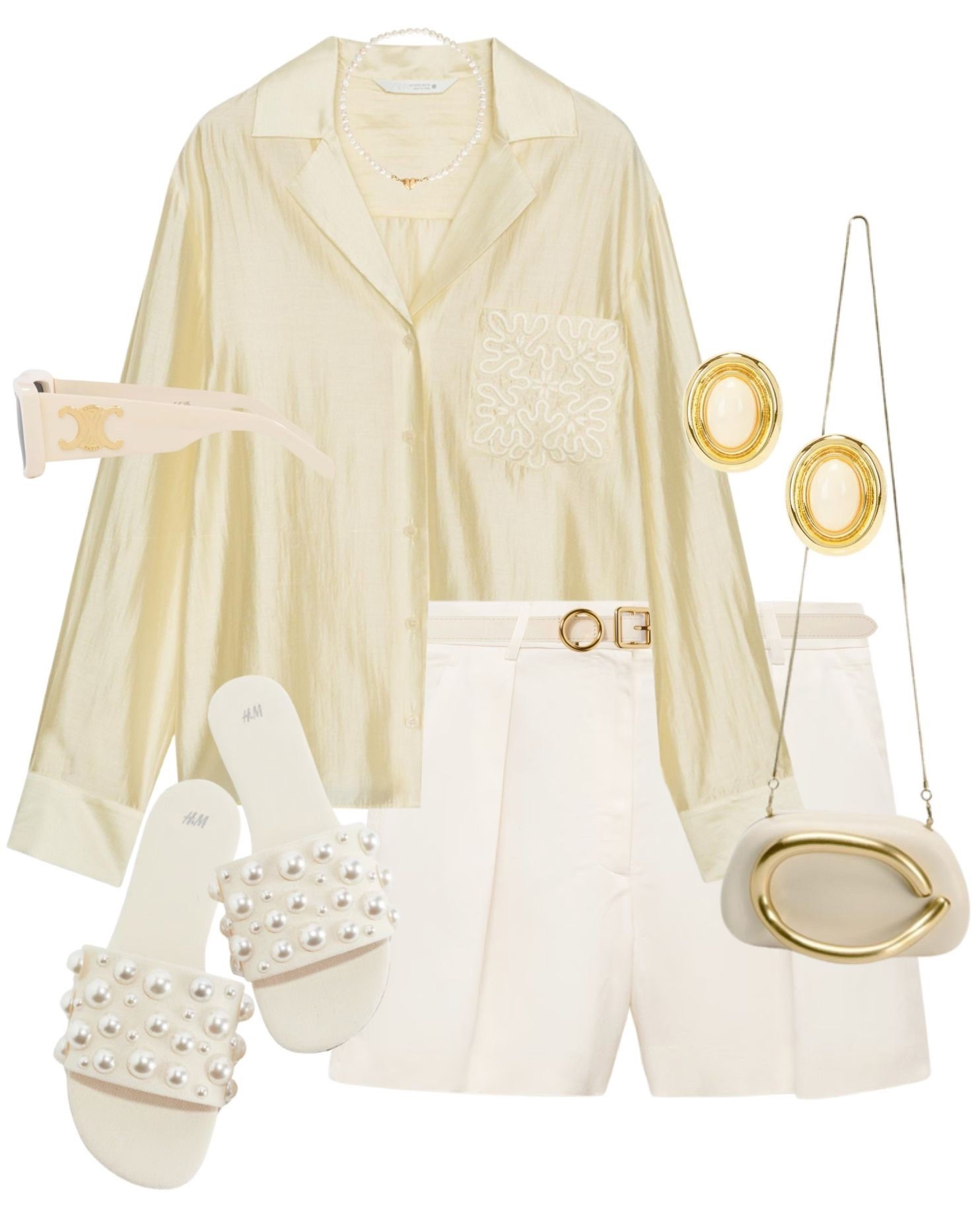 ZARA styling- new in butter yellow pocket embroidered shirt, tailored shorts, pearl sandals, shell crossbody bag & Crline sunglasses. Date night, holiday night, casual chic, weekend look 

#LTKdatenight #LTKsummer #LTKuk