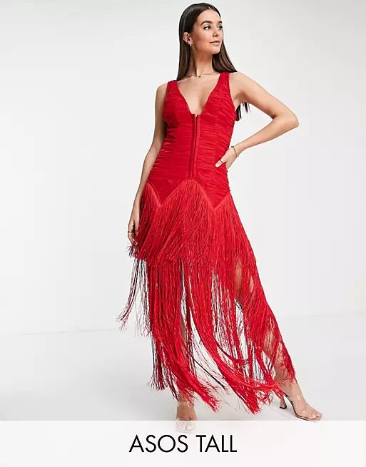 ASOS DESIGN Tall dropped waist corset mesh fringe midi dress in red | ASOS (Global)