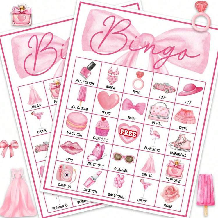 33pcs /Set, Pink Bow Bingo Game Cards,Pink Party Games For 24 Players Bingo Cards Princess Doll Bingo Game For Baby Shower Family Holiday Gatherings Party Supplies Mother's Day Graduation | SHEIN