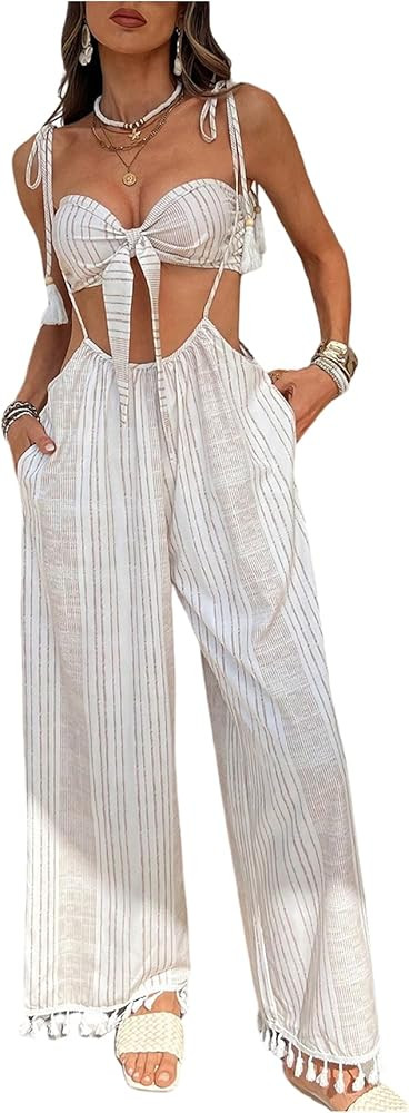 OYOANGLE Women's 2 Piece Outfits Striped Knot Front Bandeau Crop Top and Fringe Suspender Pants S... | Amazon (US)