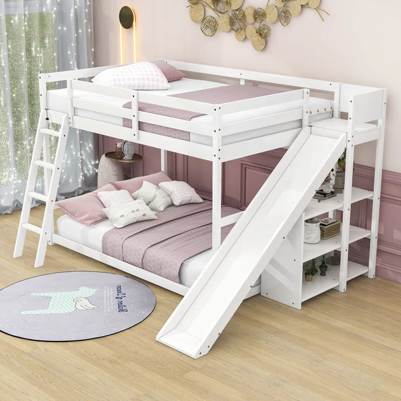 Jimmie Full over Full Wood Bunk Bed with Ladder, Slide and Shelves | Wayfair North America