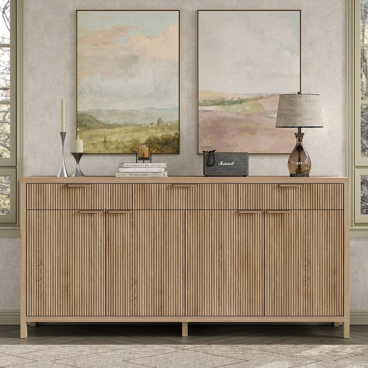66" W Fluted Buffet Cabinet, Sideboard With 3 Drawers & 2 Cabinets,Storage Cabinet With Adjustabl... | Wayfair North America