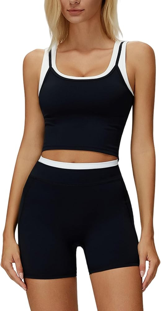 Women 2 Piece Workout Sets Racerback Color Block Tank Top High Waist Tummy Control Shorts Yoga Ou... | Amazon (US)