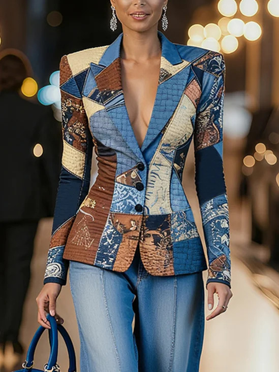 Urban Color Block Loose Blazer Shawl Collar Outerwear | Stylewe