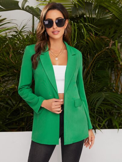 SHEIN Peak Collar Flap Detail Solid Blazer | SHEIN