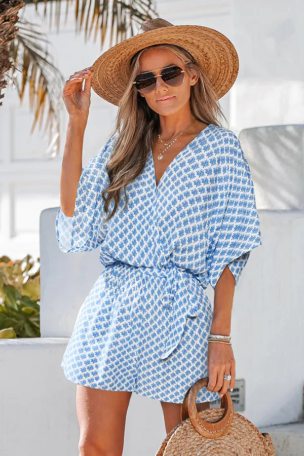 Blue Geo Print Surplice Romper with Waist Tie for Vacation | Cupshe US