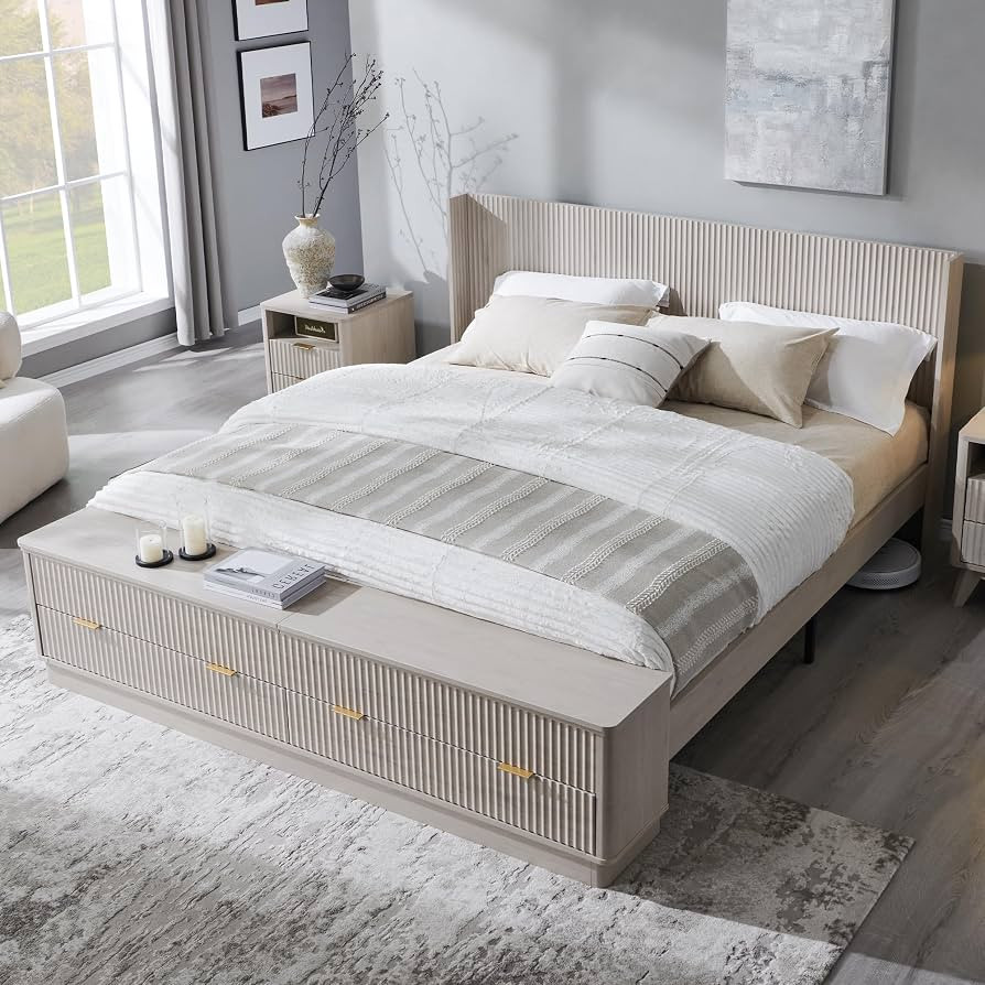 T4TREAM Fluted King Size Bed Frame with Wingback Headboard, Footboard Storage Bench with Built-in... | Amazon (US)