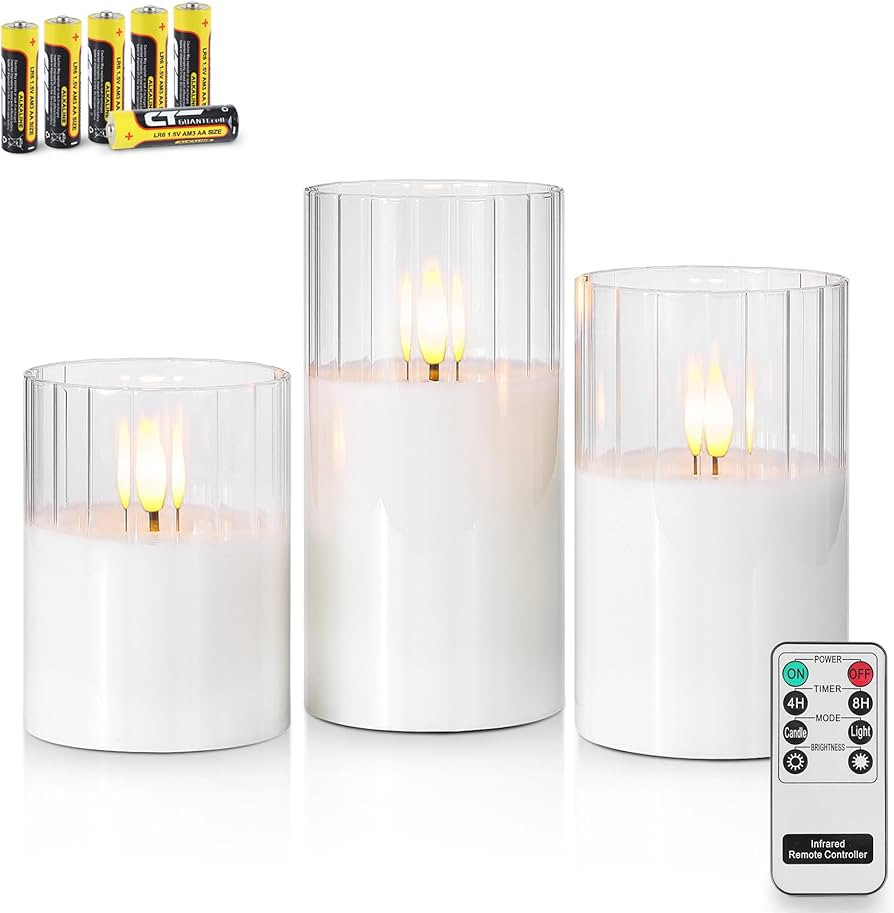 Rhytsing Clear Ribbed Glass Battery Operated LED Candles with Remote, White Flameless Candle Gift... | Amazon (US)