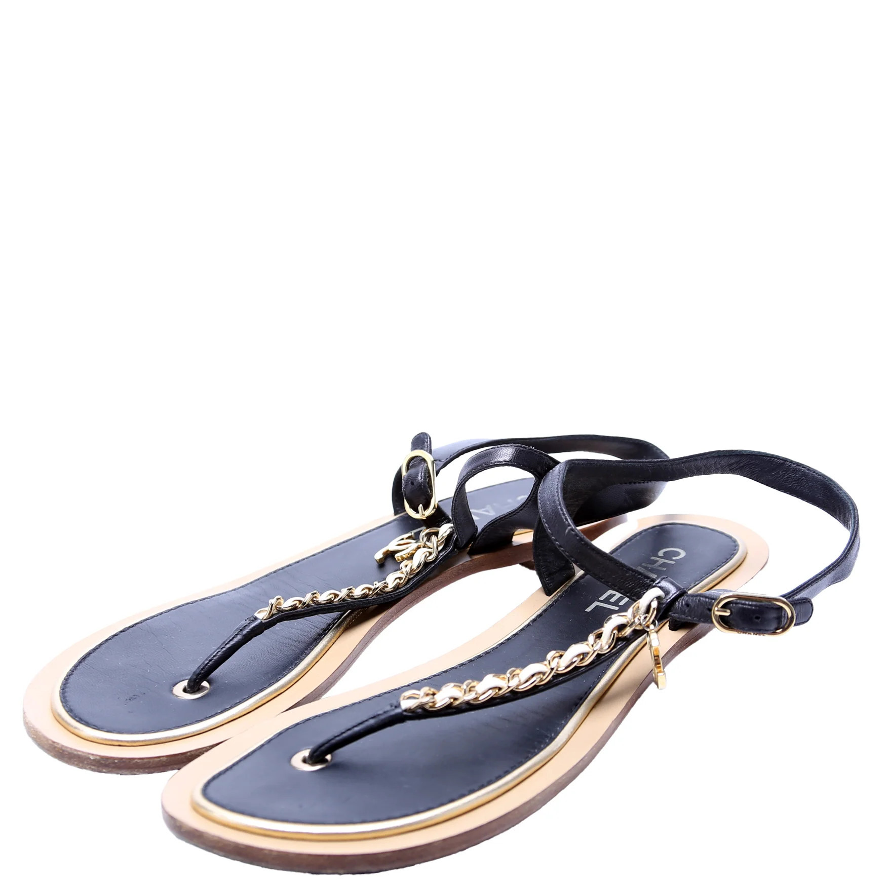 CC Chain T-Strap Sandals Size 38.5 Black | Keeks Designer Handbags