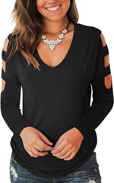 Jescakoo Women's Short Sleeve Cut Out Cold Shoulder Tops Deep V Neck T Shirts | Amazon (US)